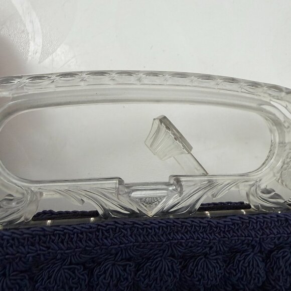 VINTAGE 30s Popcorn Crochet Navy Blue Peacock Handle Evening Bag - Picture 11 of 15